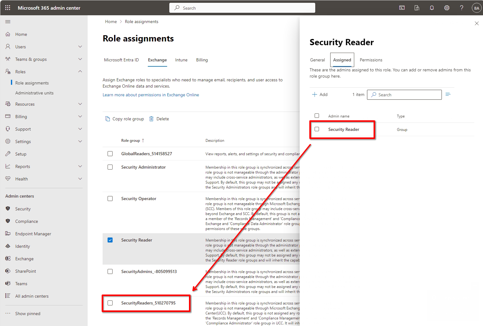 Exchange Role Security Reader with assigned Security Reader role from Entra ID