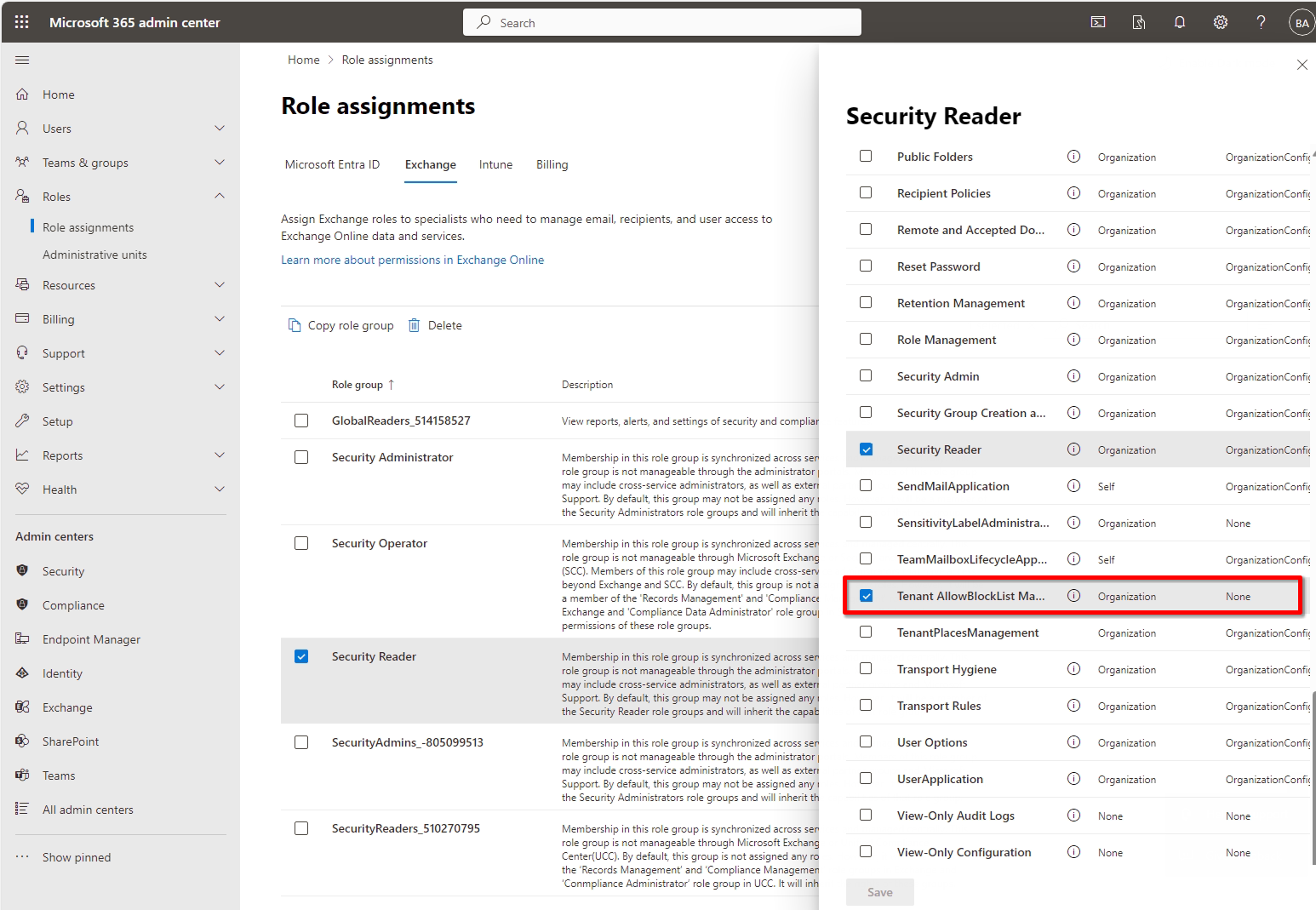 Exchange Role Security Reader with assigned permission